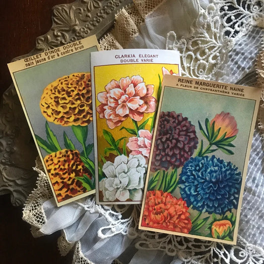 Vintage French Flower Seed Packet Labels Random Set of Three Antique Ephemera From France